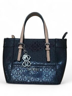 GUESS Navy Logo Satchel with Tan Top Handles